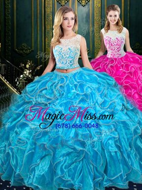 Fashionable Scoop Baby Blue Two Pieces Lace and Ruffles 15 Quinceanera Dress Zipper Organza Sleeveless Floor Length
