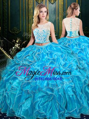 Simple Scoop Sleeveless Organza Floor Length Zipper Vestidos de Quinceanera in Baby Blue for with Lace and Ruffles