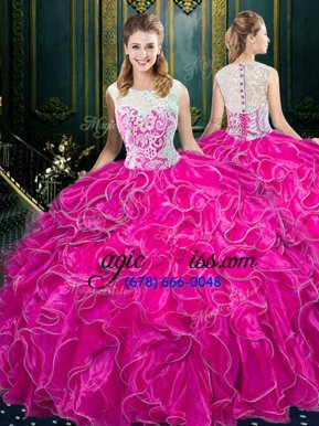 Latest Scoop Fuchsia Sleeveless Floor Length Lace and Ruffles Zipper Quinceanera Gown