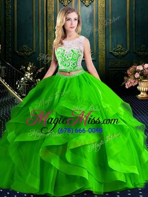 Attractive Two Pieces Scoop Sleeveless Tulle With Brush Train Zipper Lace and Ruffles Quinceanera Dress