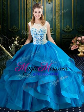 Fantastic Scoop Baby Blue Sleeveless Brush Train Lace With Train Quince Ball Gowns