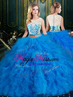 Low Price Blue Vestidos de Quinceanera Military Ball and Sweet 16 and Quinceanera and For with Lace and Ruffles Scoop Sleeveless Zipper