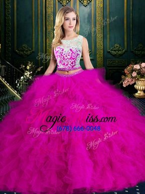 Custom Fit Fuchsia Scoop Neckline Lace and Ruffles Sweet 16 Quinceanera Dress Sleeveless Zipper