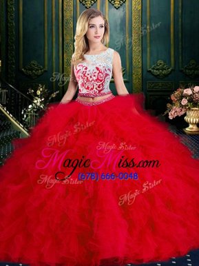 Unique Red Tulle Zipper Scoop Sleeveless Floor Length Ball Gown Prom Dress Lace and Ruffles