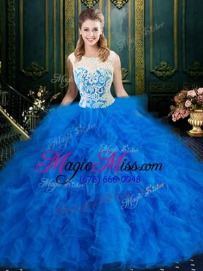 Glittering Blue Tulle Zipper Scoop Sleeveless Floor Length Quince Ball Gowns Lace and Ruffles