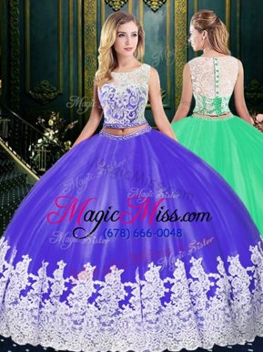 Romantic Scoop Purple Two Pieces Lace and Appliques Quinceanera Dresses Zipper Tulle Sleeveless Floor Length
