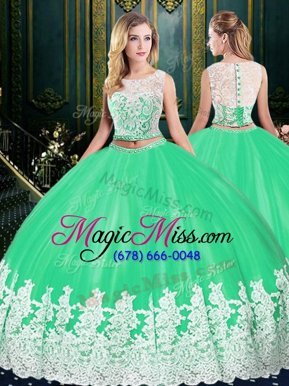 Apple Green Tulle Zipper Scoop Sleeveless Floor Length Quinceanera Dresses Lace and Appliques