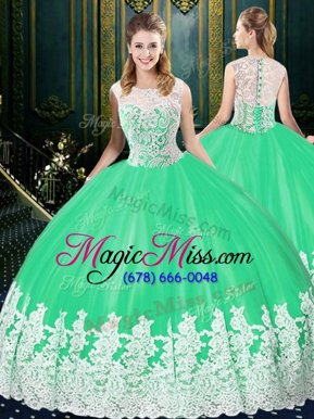 Captivating Scoop Sleeveless Tulle Floor Length Zipper Quinceanera Gowns in Apple Green for with Lace and Appliques