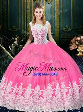 Glamorous Scoop Sleeveless Floor Length Lace and Appliques Zipper Sweet 16 Quinceanera Dress with Rose Pink