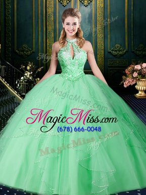 Low Price Halter Top Floor Length Apple Green Quinceanera Dresses Tulle Sleeveless Beading and Lace and Ruffles and Ruching