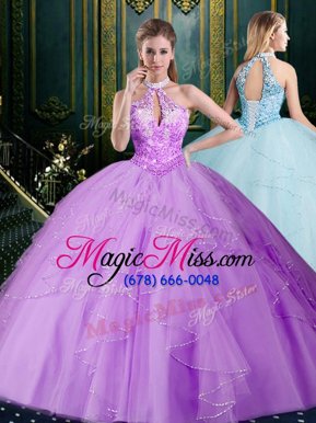 Cute Halter Top Lavender Sleeveless Tulle Lace Up Vestidos de Quinceanera for Military Ball and Sweet 16 and Quinceanera
