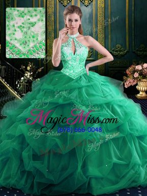 Fashion Halter Top Green Sleeveless Beading and Ruffles and Pick Ups Floor Length 15th Birthday Dress