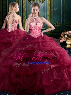 Clearance Halter Top Sleeveless Floor Length Beading and Ruffles and Pick Ups Lace Up Quinceanera Dress with Wine Red
