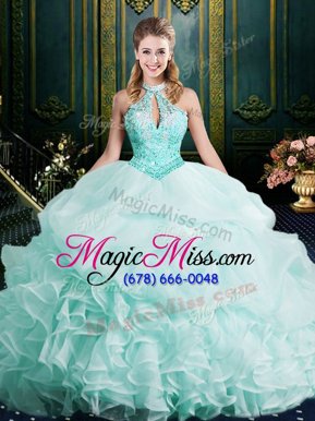 Beauteous Halter Top Apple Green Ball Gowns Beading and Lace and Ruffles Quince Ball Gowns Clasp Handle Organza Sleeveless