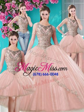 Perfect Four Piece Scoop Floor Length Lace Up Quinceanera Gown Peach and In for Military Ball and Sweet 16 and Quinceanera with Beading and Appliques