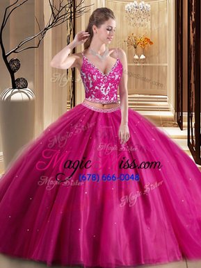Trendy Spaghetti Straps Sleeveless Sweet 16 Dresses Floor Length Beading and Appliques Hot Pink Tulle