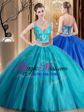 Chic Teal Sweet 16 Quinceanera Dress Military Ball and Sweet 16 and Quinceanera and For with Beading and Lace and Appliques Spaghetti Straps Sleeveless Lace Up