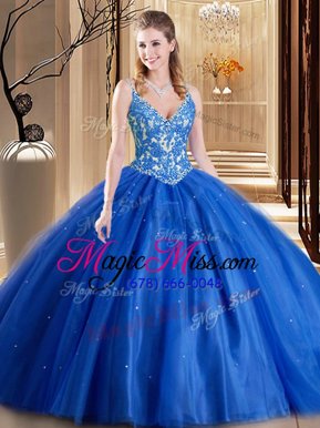 Beautiful Tulle Spaghetti Straps Sleeveless Lace Up Beading and Appliques Sweet 16 Quinceanera Dress in Blue