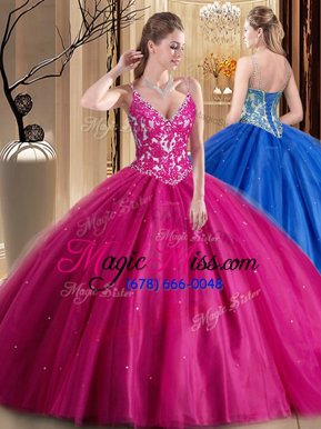 Sumptuous Spaghetti Straps Sleeveless Lace Up Quinceanera Gowns Hot Pink Tulle