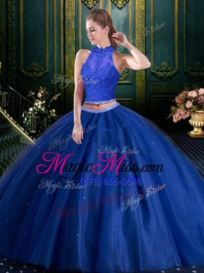 Admirable Two Pieces Sweet 16 Dress Navy Blue High-neck Tulle Sleeveless Floor Length Lace Up