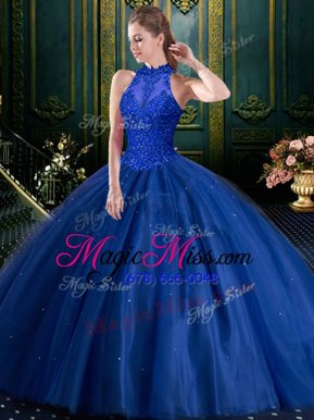 Low Price Navy Blue High-neck Lace Up Appliques Sweet 16 Dress Sleeveless