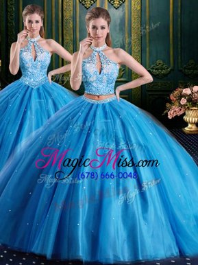 High Quality Baby Blue Two Pieces Tulle High-neck Sleeveless Beading and Appliques Floor Length Lace Up Quinceanera Gowns