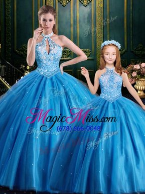 On Sale Halter Top Sleeveless Tulle Quinceanera Gown Beading and Appliques Lace Up