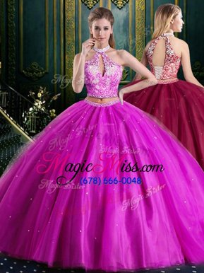 Halter Top Fuchsia Tulle Lace Up Quinceanera Gowns Sleeveless Floor Length Beading and Lace and Appliques