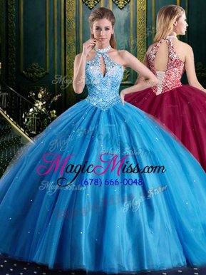 Sweet Halter Top Tulle Sleeveless Floor Length Sweet 16 Dresses and Beading and Lace and Appliques