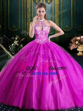 Hot Selling Halter Top Floor Length Fuchsia Vestidos de Quinceanera Tulle Sleeveless Beading and Lace and Appliques