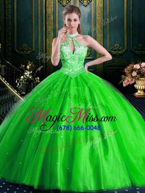 High Quality Lace Up Halter Top Beading Quinceanera Gowns Tulle Sleeveless