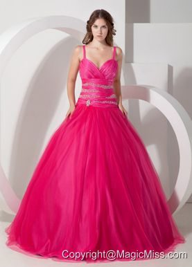 Hot Pink Ball Gown Spaghetti Straps Floor-length Tulle Beading Quinceanera Dress