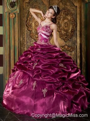 Fuchsia Ball Gown Strap Floor-length Taffeta Beading Quinceanera Dress