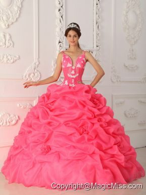 Watermelon Ball Gown Straps Floor-length Satin and Organza Appliques Quinceanera Dress