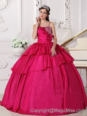 Hot Pink Ball Gown Straps Floor-length Taffeta Beading Quinceanera Dress