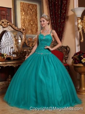 Teal Ball Gown Spaghetti Straps Floor-length Tulle Beading Quinceanera Dress