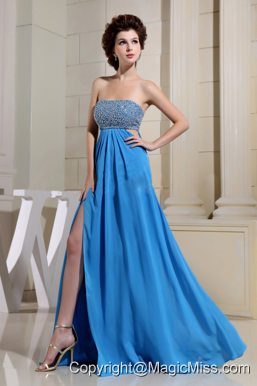 High Slit and Beaded Decorate Bust For Sexy Blue Prom Dress