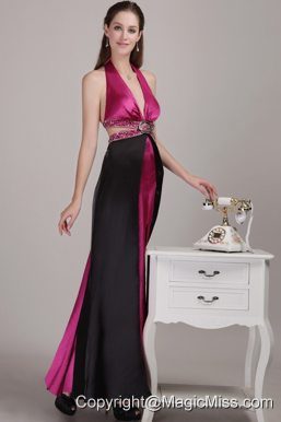 Fuchsia Empire Halter Ankle-length Elastic Woven Satin Beading Prom Dress