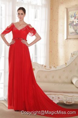 Red Empire V-neck Chapel Train Chiffon Beading Prom Dress