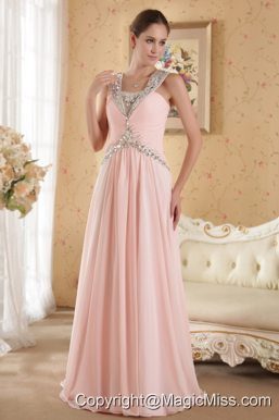 Baby Pink Column / Sheath Straps Court Train Chiffon Beading and Ruch Prom / Evening Dress