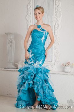 Turquoise Mermaid One Shoulder High-low Organza Ruch and Appliques Prom Dress