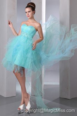 Aqua Blue A-line Sweetheart Prom Dress Asymmetrical Organza Beading