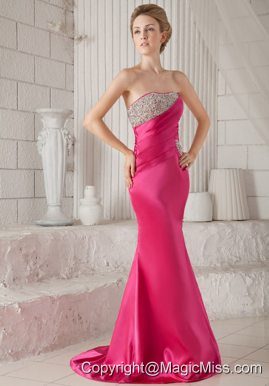 Hot Pink Trumpet / Mermaid Strapless Brush Train Elastic Woven Satin Beading Prom / Pageant Dress