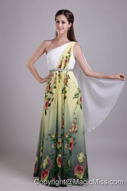 Exquisite Empire One Shoulder Floor-length Print Beading Prom Dress