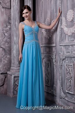Discount Aqua Blue Evening Dress Empire Straps Chiffon Beading Floor-length