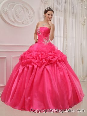 Hot Pink Ball Gown Strapless Floor-length Organza and Taffeta Ruch and Beading Quinceanera Dress