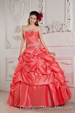 Watermelon Ball Gown Strapless Floor-length Taffeta Beading Quinceanera Dress