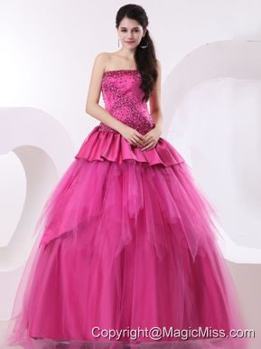 A-line Hot Pink Prom Dress With Beading and Floor-length