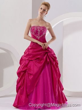 Hot Pink Taffeta Embroidery A-line Floor-length Strapless Quinceanera Dress