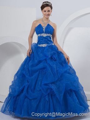 Ball Gown Strapless Floor-length Quinceanera Dress Royal Blue Organza Beading and Hand Made Flowers